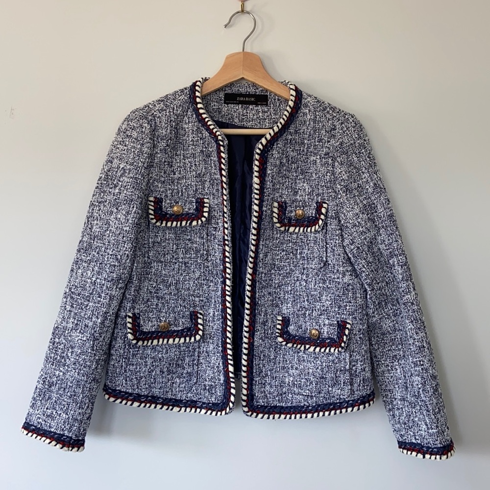 Zara Navy Blue Tweed Jacket Blazer